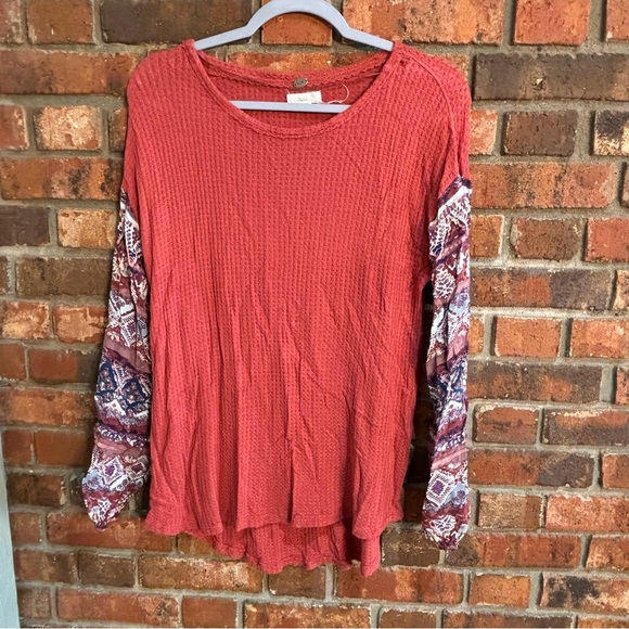 Cupio womens waffle knit mixed media sleeve top orange large - Picture 1 of 4